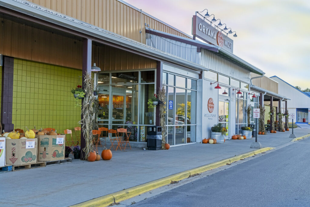 Organic market entrance with pumpkins